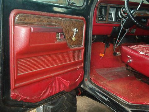 1979 Ford Bronco - Interior view of a vehicle's red door panel, dashboard, and seat, showing worn upholstery and wood trim details.