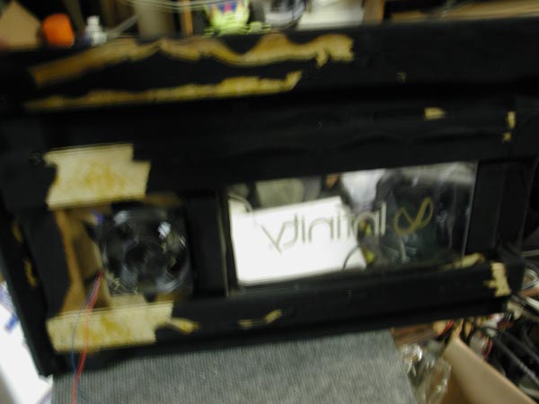 Homemade carpeted amp rack with Plexiglas window, Infinity amp and cooling fan