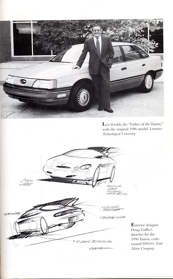 man in suit next to a 1986 Ford Taurus