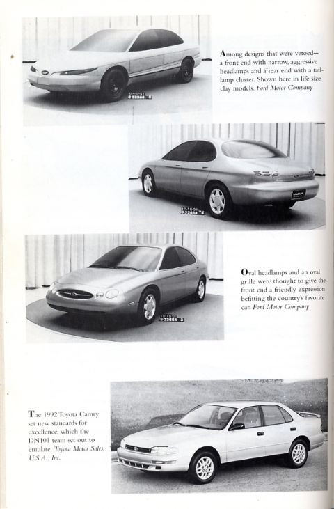 1993 Ford Taurus - A 1992 Toyota Camry is shown alongside clay models of Ford Taurus prototypes.