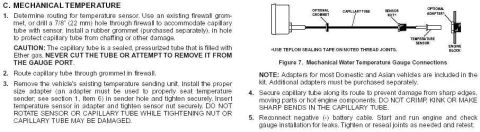 1986 Ford Bronco - Diagram illustrates the proper installation and routing for a mechanical water temperature gauge, including notes on adapters and potential…