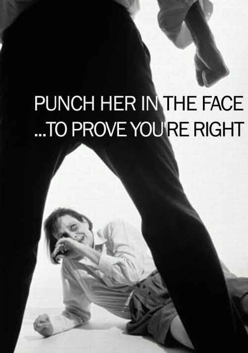 Black-and-white meme: standing legs over woman on floor, caption about punching to prove right