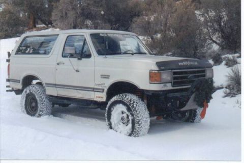 1990 Ford Bronco - White full-size Ford Bronco parked in snow among juniper trees, shown from the front three-quarter side. It has a black hood with website l…
