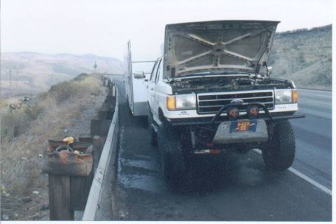 1990 Ford Bronco - this is what frustration looks like on the Grapevine I-5 NB on a Thursday afternoon. blew out a radiator, hose, & damaged the seal in the w…