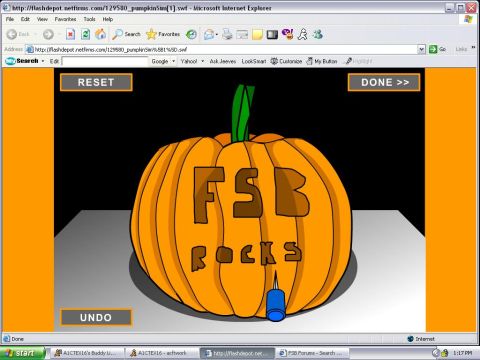 1988 Ford Bronco - A digital simulation of carving a pumpkin with the words 'FSB ROCKS' visible on its surface.