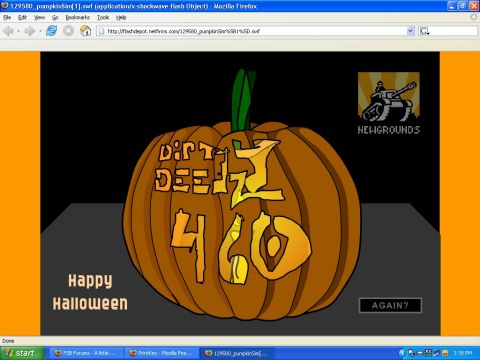 1985 Ford Bronco - Windows XP screenshot of a Firefox window running a Newgrounds Flash pumpkin-carving simulator, showing a virtual jack-o'-lantern carved wi…