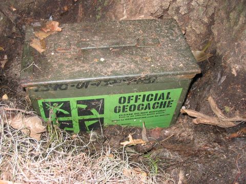 1988 Ford Bronco - This geocache container is labeled "OFFICIAL GEOCACHE" and is hidden amongst foliage and dirt.
