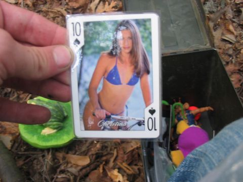 1988 Ford Bronco - A playing card is held up, showing a woman in a blue bikini, with other items in a container in the background.