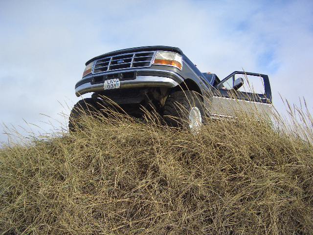 Low-angle view of a dark Ford SUV front end atop dry grass with visible grille and plate.