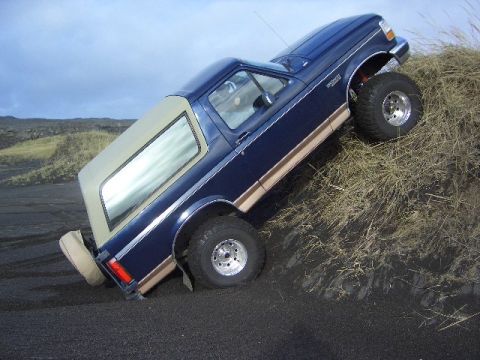 1996 Ford Bronco - A blue 1996 Ford Bronco with a tan removable top is shown tilted on a sandy incline.