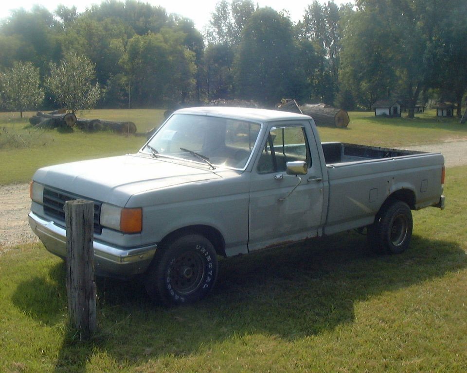 Gray 1987 Ford F-150 pickup truck, driver's side front 3/4 view, parked on grass