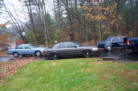 1991 Ford Crown Victoria LTD - Three sedans and a pickup truck are parked on a wet asphalt surface in front of a wooded area.