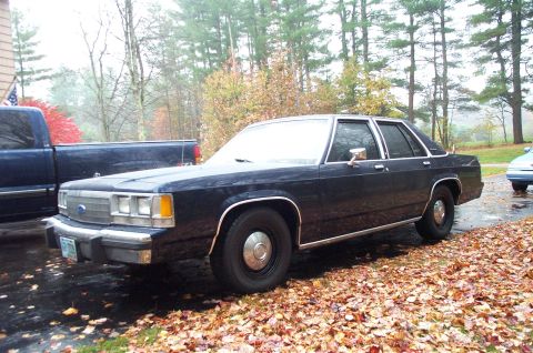 1991 Ford Crown Victoria LTD - A dark 1991 Ford Crown Victoria LTD sedan is parked on a driveway covered in fallen leaves, with a blue pickup truck visible to the left.
