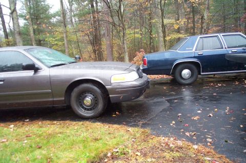 1991 Ford Crown Victoria LTD - A gray police car is parked next to a blue sedan in a wooded area.