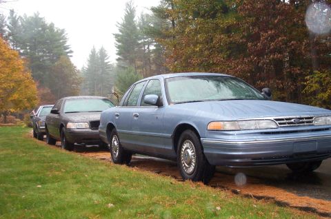 1991 Ford Crown Victoria LTD - Three Ford Crown Victorias are parked in a line on a wet, grassy area next to a road.