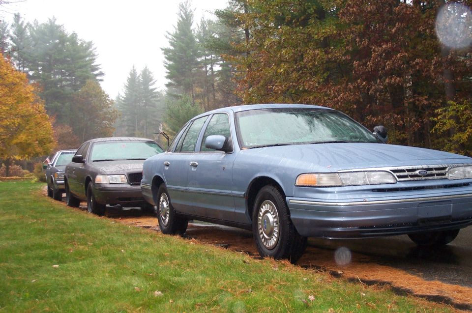 Three Ford Crown Victorias parked on a grassy shoulder, one light blue in the foreground, two darker sedans behind it