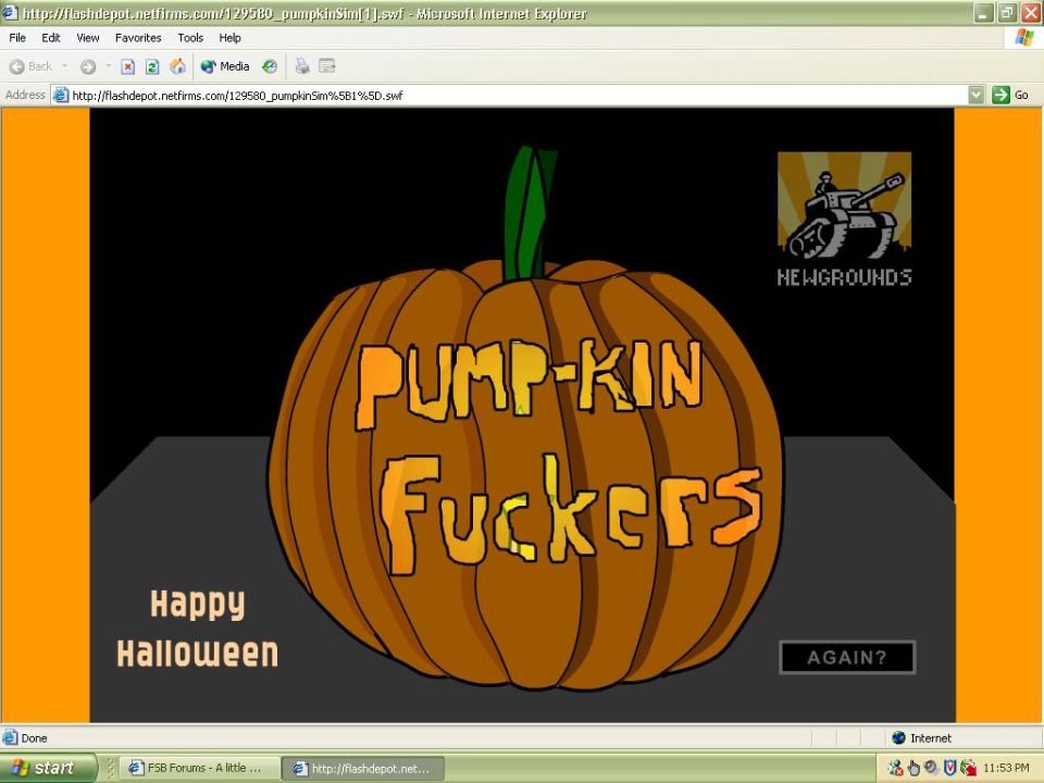 Illustration of a pumpkin with text "PUMP-KIN FUCKERS" and "Happy Halloween"