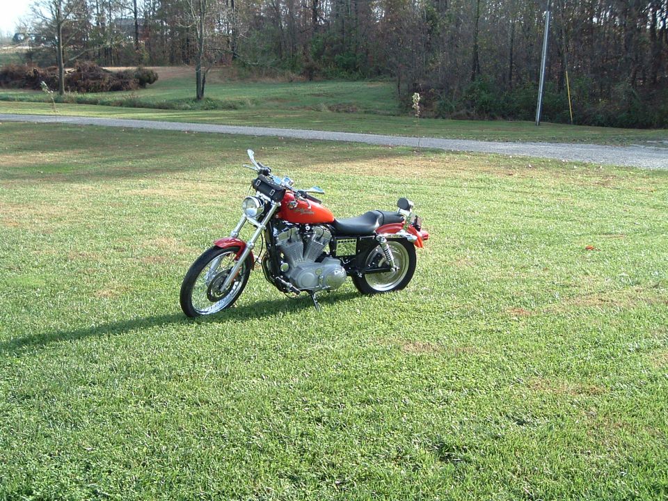 Orange Harley-Davidson motorcycle parked on grass. Text on side reads SUPERMOTORS