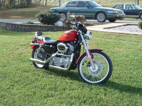 1995 Mercury Grand Marquis - A red motorcycle sits on a grassy lawn with a green sedan parked behind it.