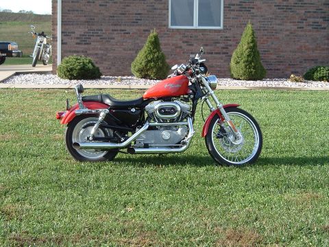 1995 Mercury Grand Marquis - A red Harley-Davidson motorcycle is parked on a grassy lawn with another motorcycle visible in the background.