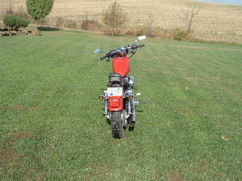 1995 Mercury Grand Marquis - A red motorcycle is viewed from the rear, parked on a grassy field under a clear sky.