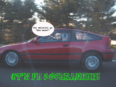 1994 Ford Crown Victoria - A red hatchback car drives down the road with two occupants, one with a speech bubble saying 'The whistles go "Voo-woo!"'.