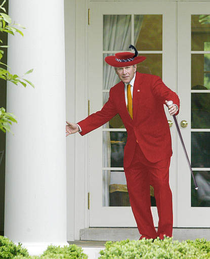 1979 Ford Bronco - A man in a red suit and hat stands on a porch, holding a cane and gesturing outwards.