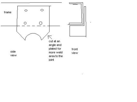 1993 Ford Bronco - Fabrication schematic showing side and front views of a frame bracket cut at an angle and plated for more weld area.
