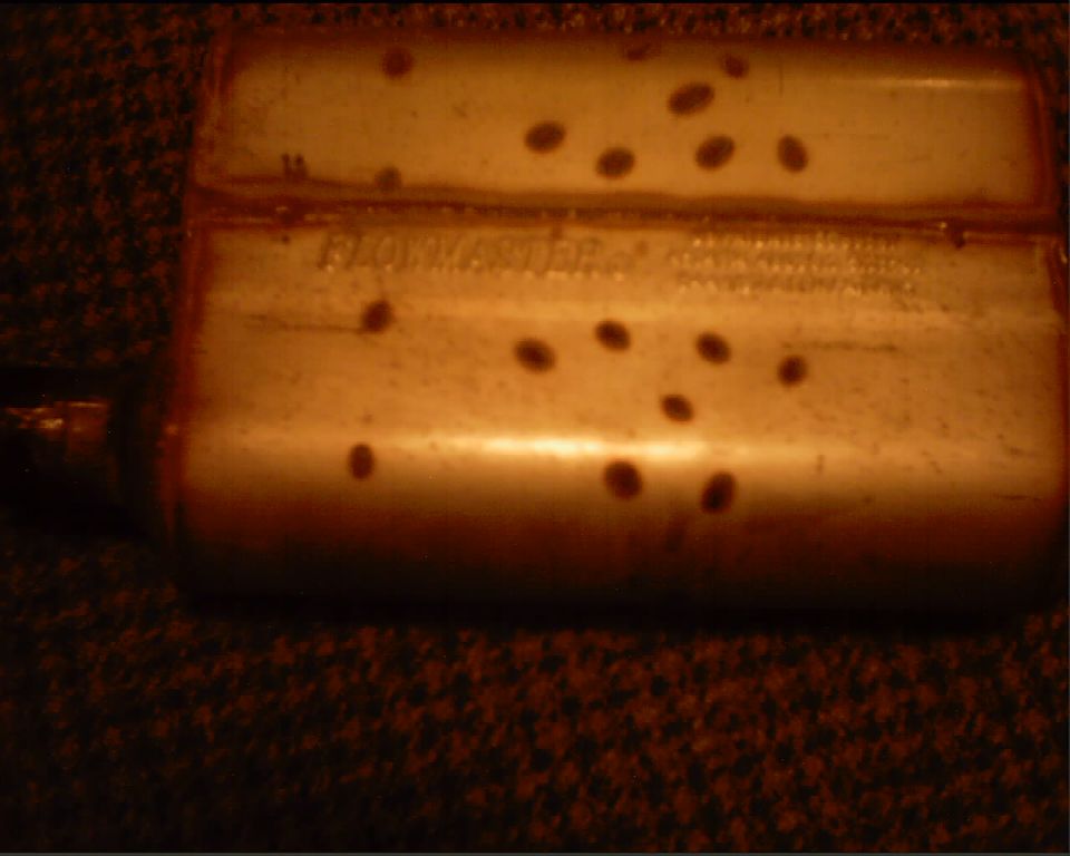 Flowmaster muffler with perforations visible on the casing