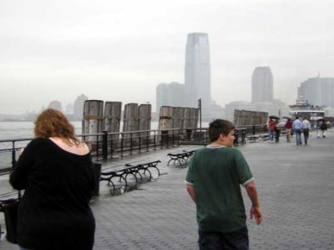 1995 Ford Bronco - A group of people stroll along a waterfront promenade on an overcast day, with tall buildings visible across the water.