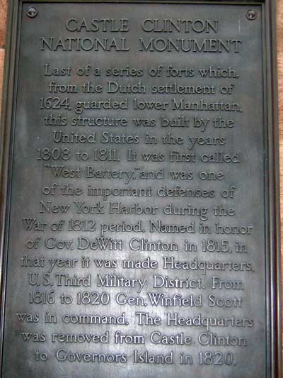 1995 Ford Bronco - Castle Clinton National Monument plaque details its history as a fort and military headquarters.