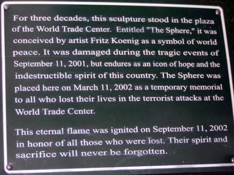 1995 Ford Bronco - This plaque describes the sculpture 'The Sphere' and its significance as a symbol of peace and hope.