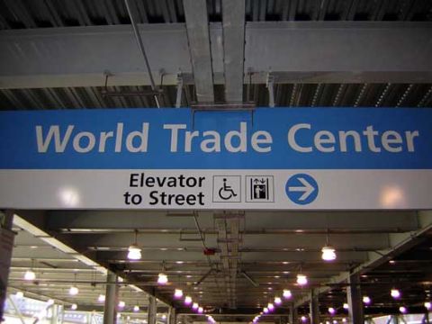 1995 Ford Bronco - Signage for World Trade Center indicating elevator access to the street.