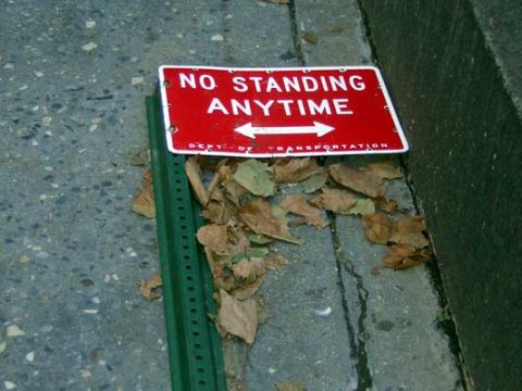 1995 Ford Bronco - A red "NO STANDING ANYTIME" sign is mounted on a green post, surrounded by fallen leaves on a concrete surface.
