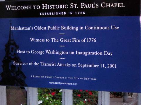 1995 Ford Bronco - Sign for St. Paul's Chapel, established in 1766, detailing its history as Manhattan's oldest public building in continuous use.