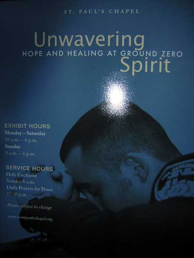 1995 Ford Bronco - Poster for St. Paul's Chapel detailing exhibit and service hours, with a graphic of a bowed head.