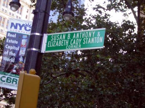 1995 Ford Bronco - A street sign marks the corner of Susan B. Anthony and Elizabeth Cady Stanton.