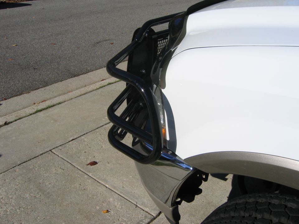 Black tube brush guard mounted on the front corner of a white vehicle