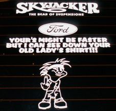 1991 Ford Bronco - Vehicle window decal reads 'Skyjacker The Bear of Suspensions' and 'Ford'.