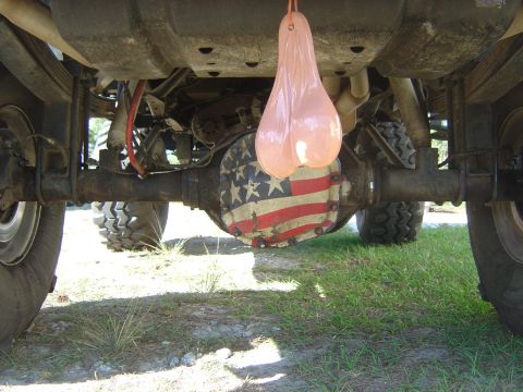 1993 Ford Bronco - Undercarriage view of a vehicle with an American flag-themed differential cover and dangling truck nuts.