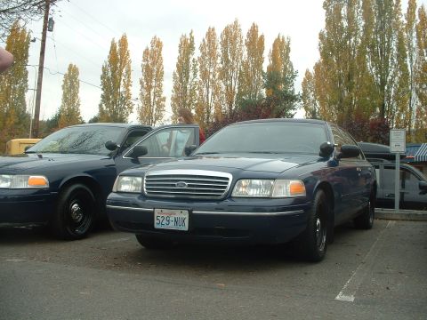 1999 Ford Crown Victoria - Two Ford Crown Victoria sedans, likely police cruisers, are parked outdoors on an overcast day.