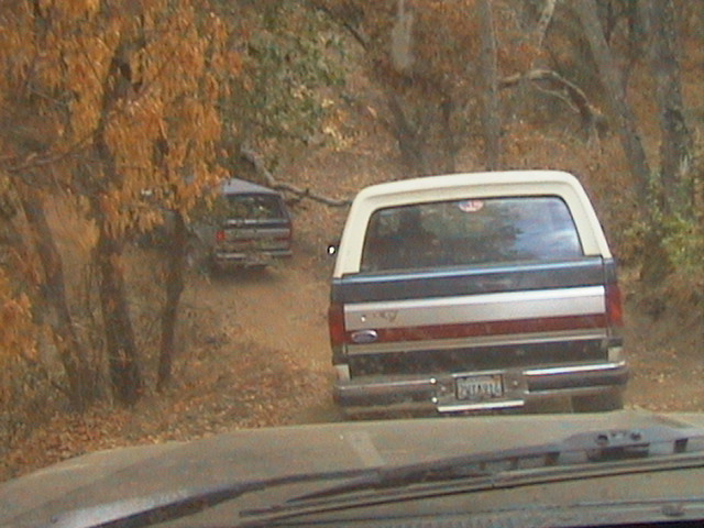Rear of a white and blue Ford Bronco with a chrome bumper and license plate, driving on a dirt road