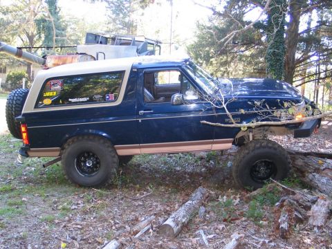 1995 Ford Bronco - This lifted blue Ford Bronco with a tan top and spare tire on the rear is parked in a wooded area.