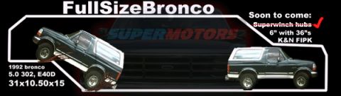 1992 Ford Bronco - Two Ford Broncos are shown, one on a lift with detailed specs and another parked.