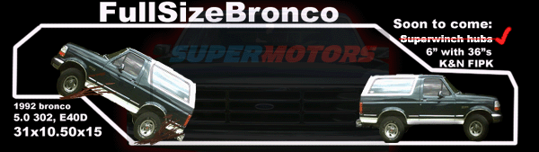 Dark green 1992 Ford Bronco on a lift, with text detailing its specifications
