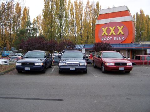 2001 Ford Crown Victoria - The three cars before lunch. And yes, the burnout in front is still Josh's from the last meet.
