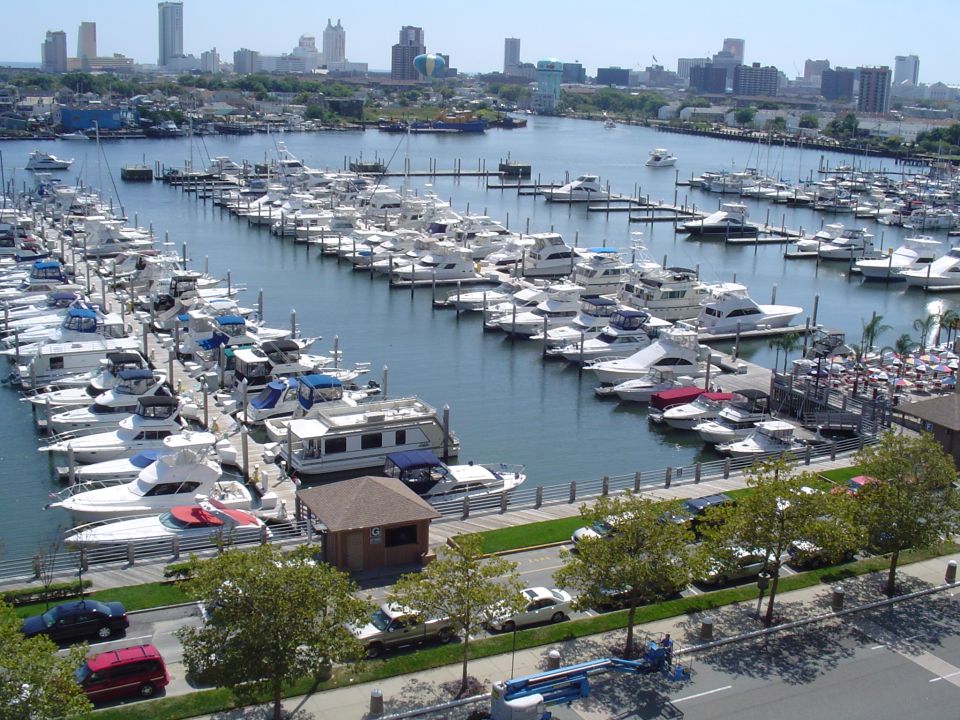 Aerial view of a marina full of white powerboats with city skyline behind