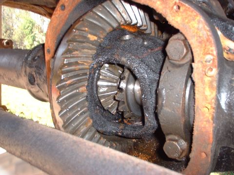 1976 Ford F-150 - This image shows a close-up view of differential gears, heavily coated in black sludge and showing signs of rust.