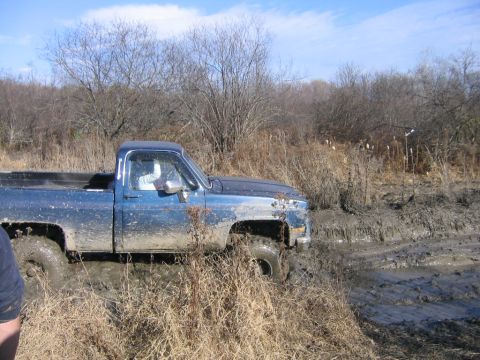 1994 Ford Bronco - A blue pickup truck is stuck deep in the mud, with dry brush and trees in the background.