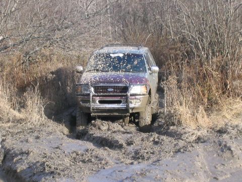 1994 Ford Bronco - This Ford Expedition is deep in mud, with branches and dry grass surrounding it.